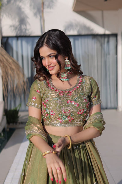 Pista Pure Fendi Silk with Multi Thread Embroidery Work Lehenga Choli