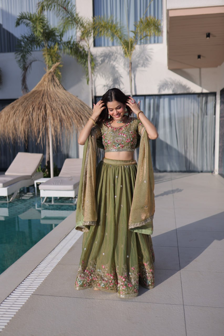 Pista Pure Fendi Silk with Multi Thread Embroidery Work Lehenga Choli