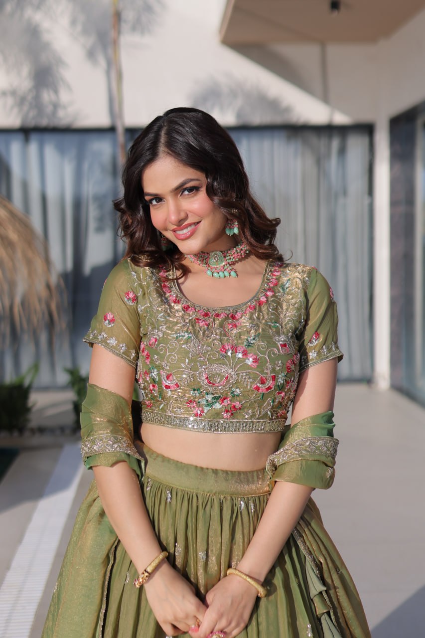 Pista Pure Fendi Silk with Multi Thread Embroidery Work Lehenga Choli