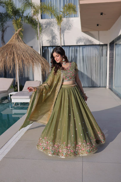 Pista Pure Fendi Silk with Multi Thread Embroidery Work Lehenga Choli