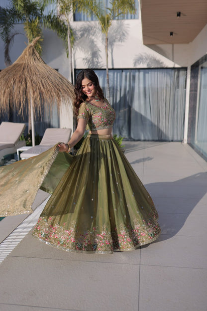 Pista Pure Fendi Silk with Multi Thread Embroidery Work Lehenga Choli