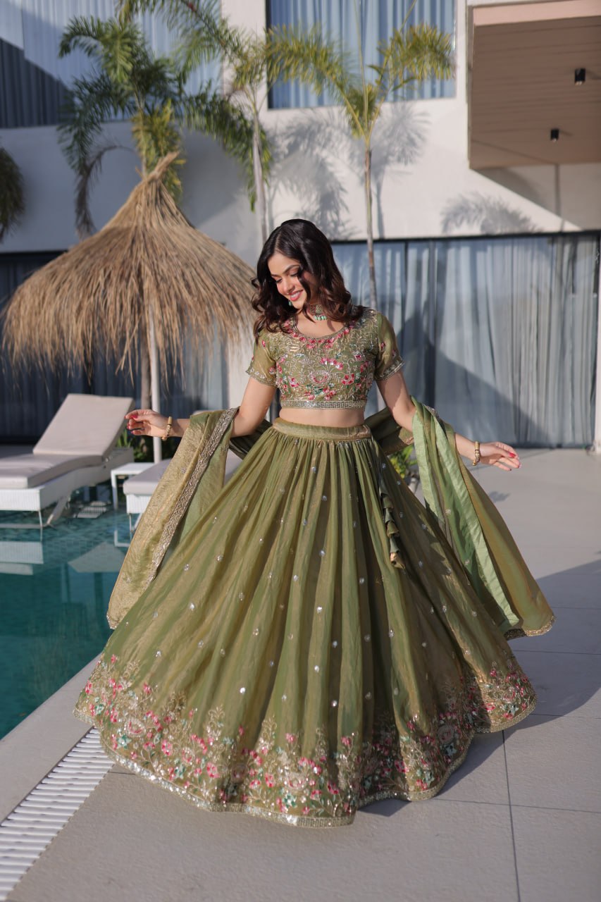 Pista Pure Fendi Silk with Multi Thread Embroidery Work Lehenga Choli