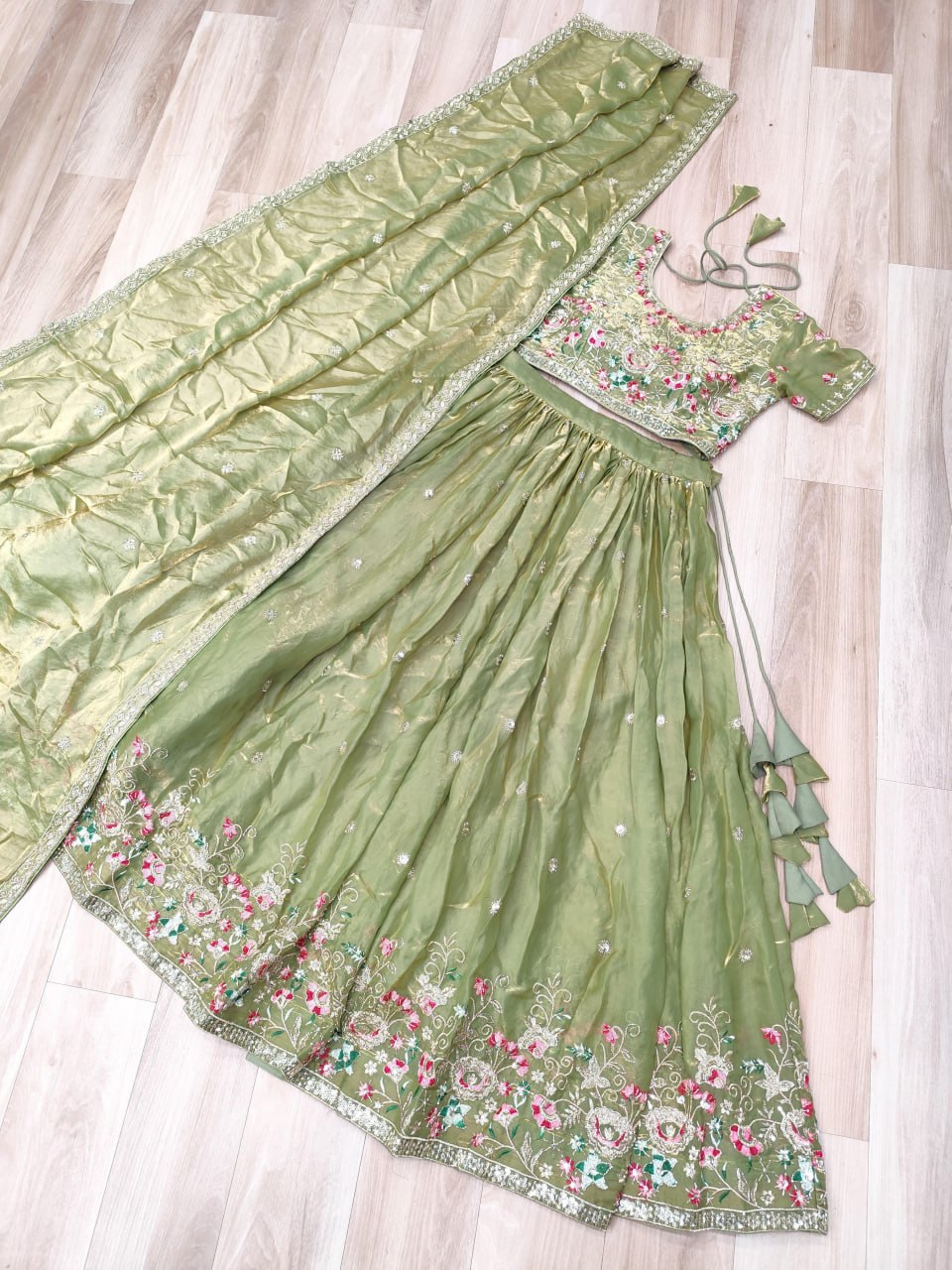 Pista Pure Fendi Silk with Multi Thread Embroidery Work Lehenga Choli