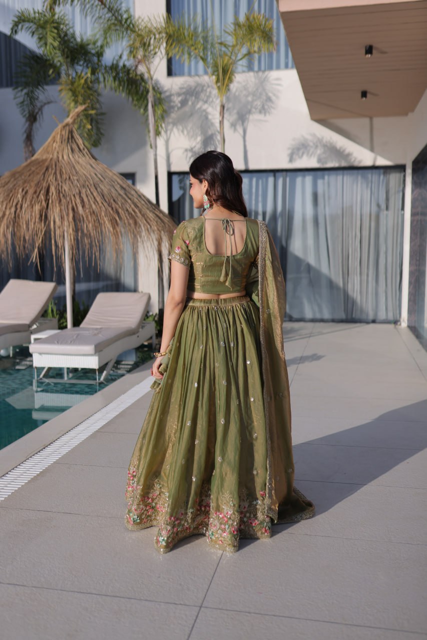 Pista Pure Fendi Silk with Multi Thread Embroidery Work Lehenga Choli