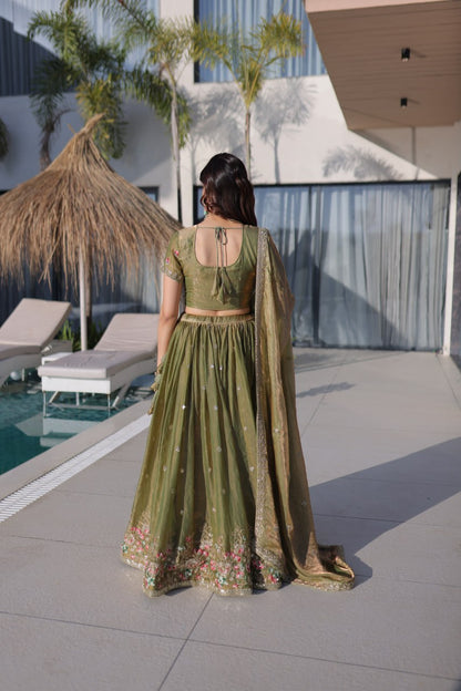 Pista Pure Fendi Silk with Multi Thread Embroidery Work Lehenga Choli
