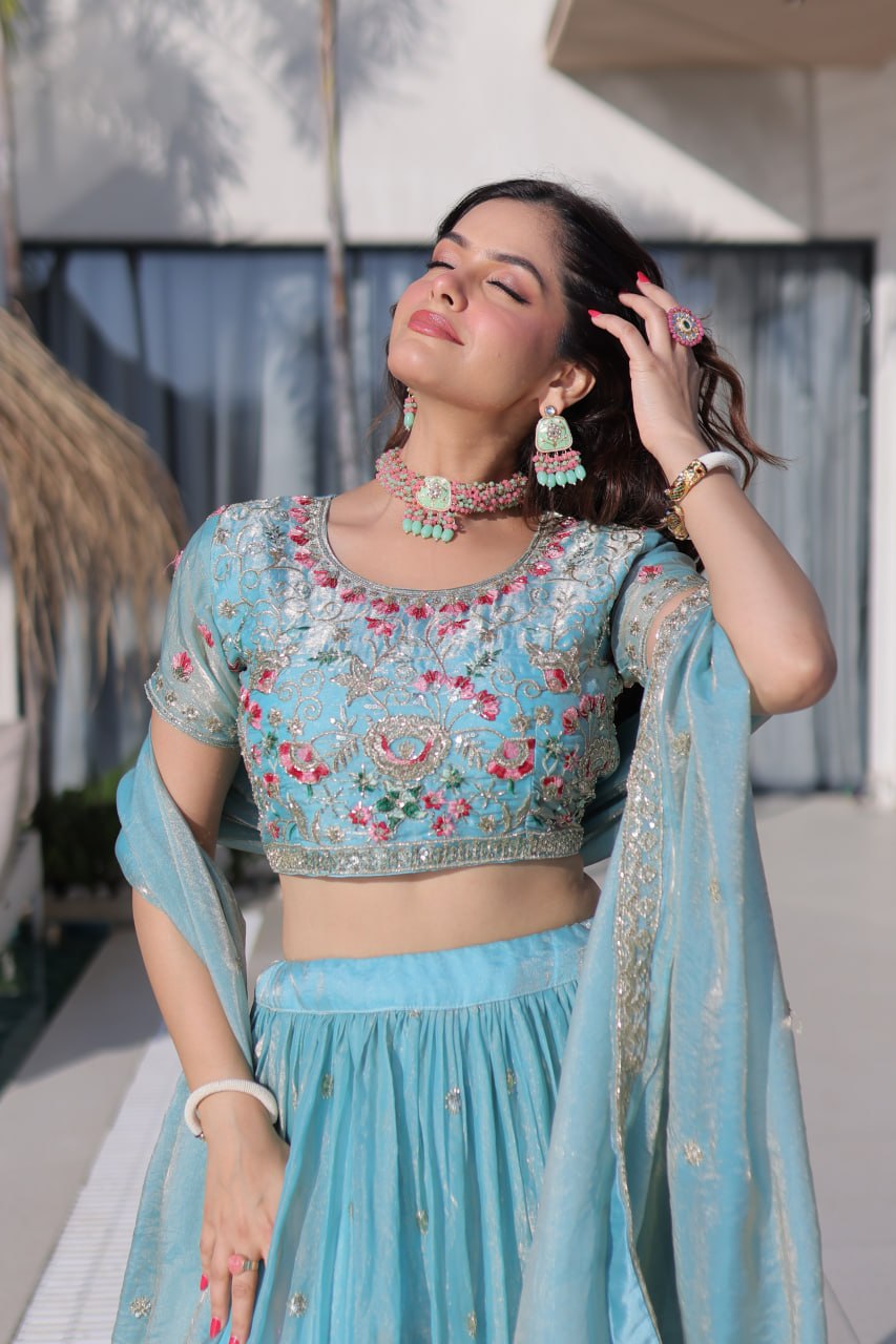 Sky Pure Fendi Silk with Multi Thread Embroidery Work Lehenga Choli