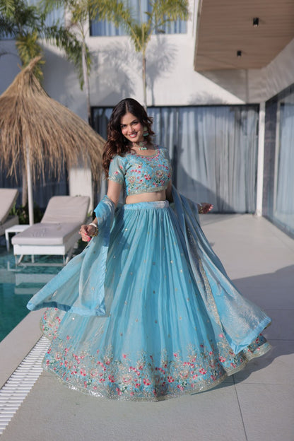 Sky Pure Fendi Silk with Multi Thread Embroidery Work Lehenga Choli