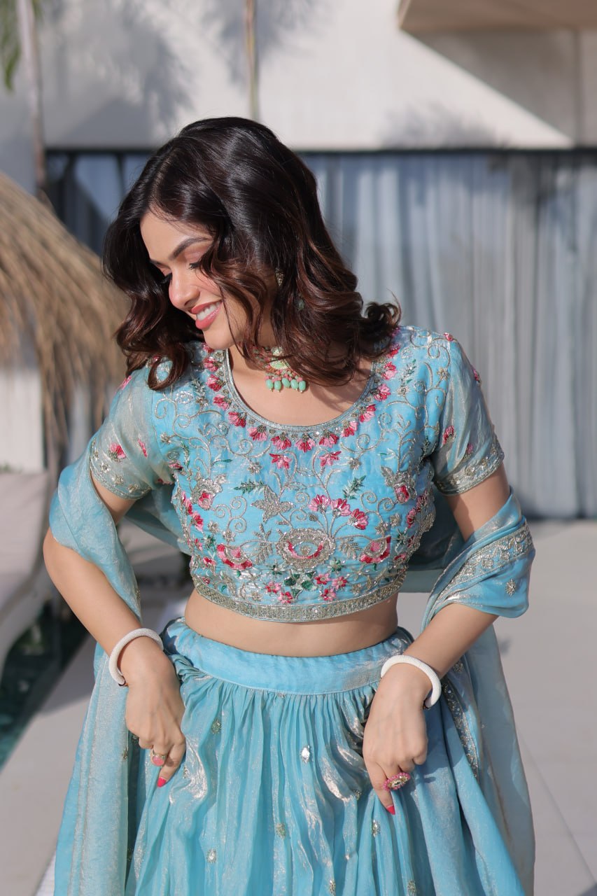 Sky Pure Fendi Silk with Multi Thread Embroidery Work Lehenga Choli