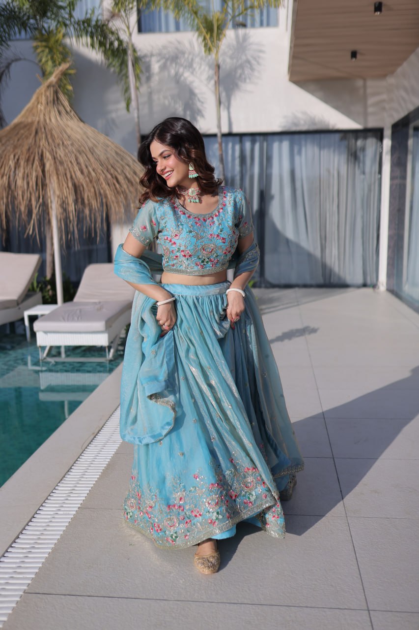 Sky Pure Fendi Silk with Multi Thread Embroidery Work Lehenga Choli