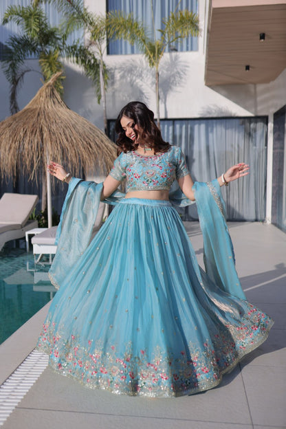 Sky Pure Fendi Silk with Multi Thread Embroidery Work Lehenga Choli