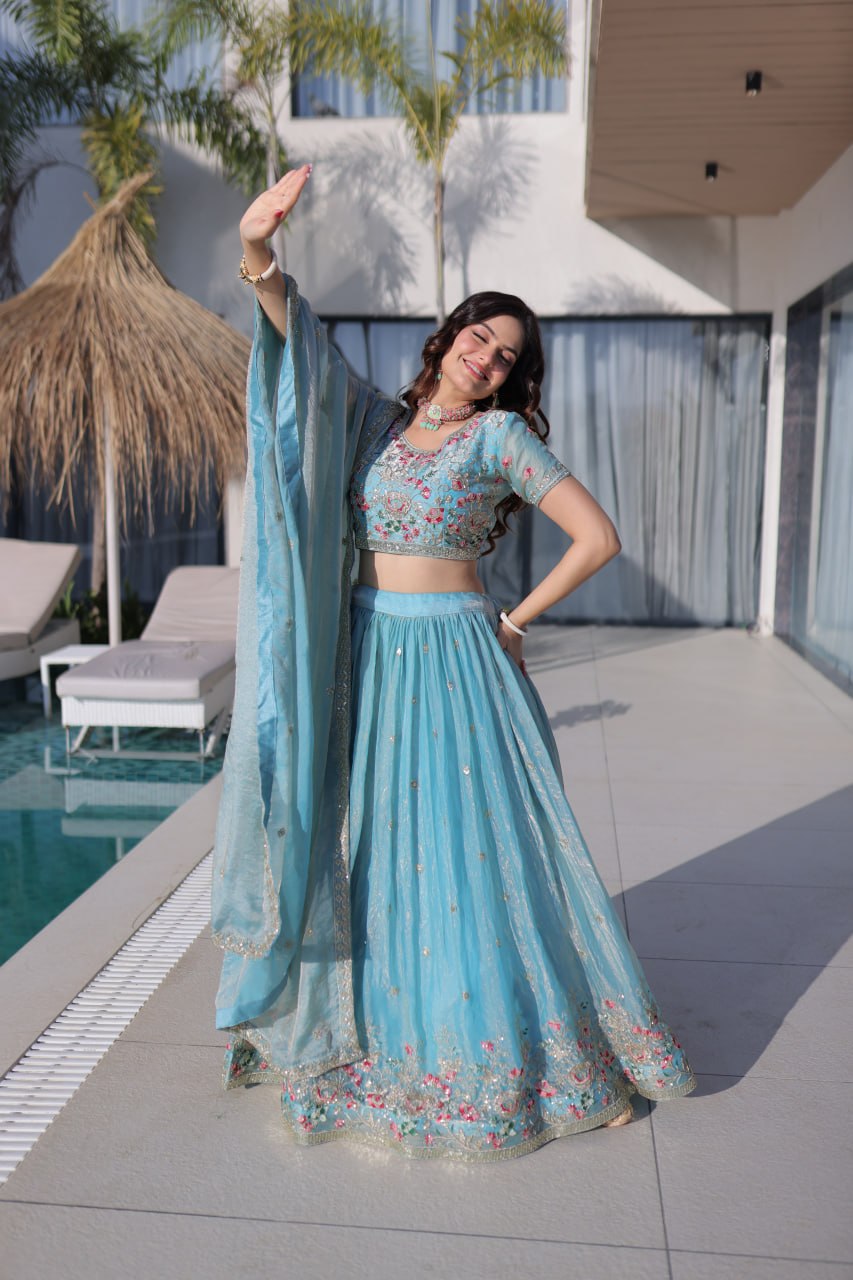 Sky Pure Fendi Silk with Multi Thread Embroidery Work Lehenga Choli