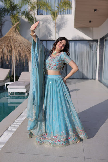 Sky Pure Fendi Silk with Multi Thread Embroidery Work Lehenga Choli
