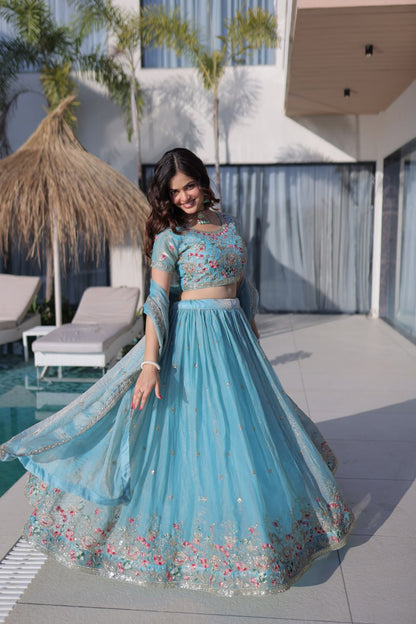 Sky Pure Fendi Silk with Multi Thread Embroidery Work Lehenga Choli