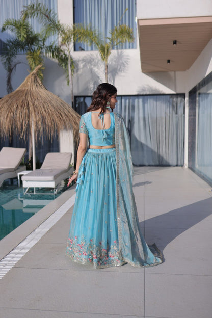 Sky Pure Fendi Silk with Multi Thread Embroidery Work Lehenga Choli