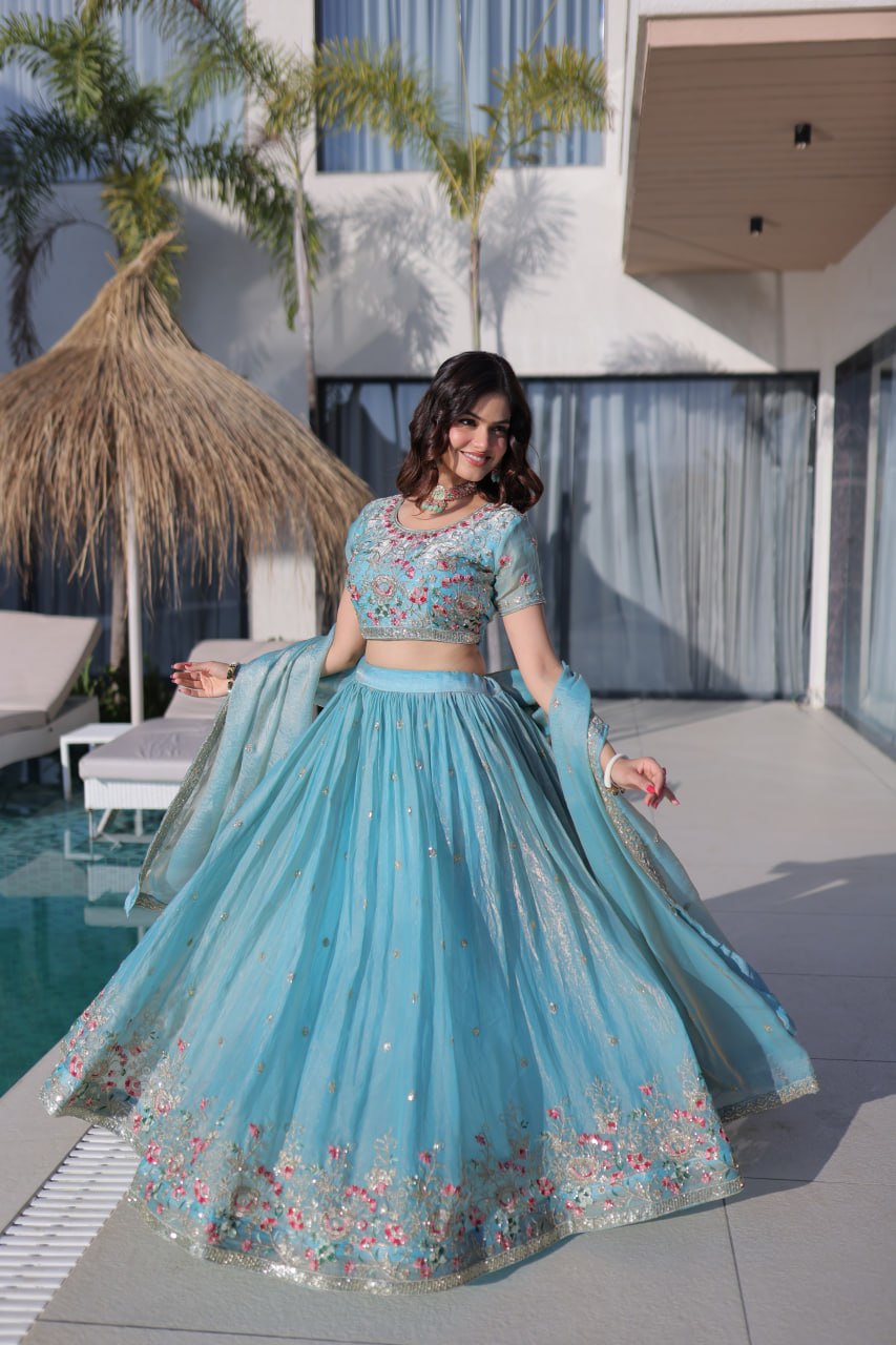 Sky Pure Fendi Silk with Multi Thread Embroidery Work Lehenga Choli