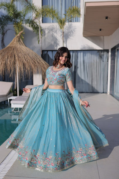 Sky Pure Fendi Silk with Multi Thread Embroidery Work Lehenga Choli