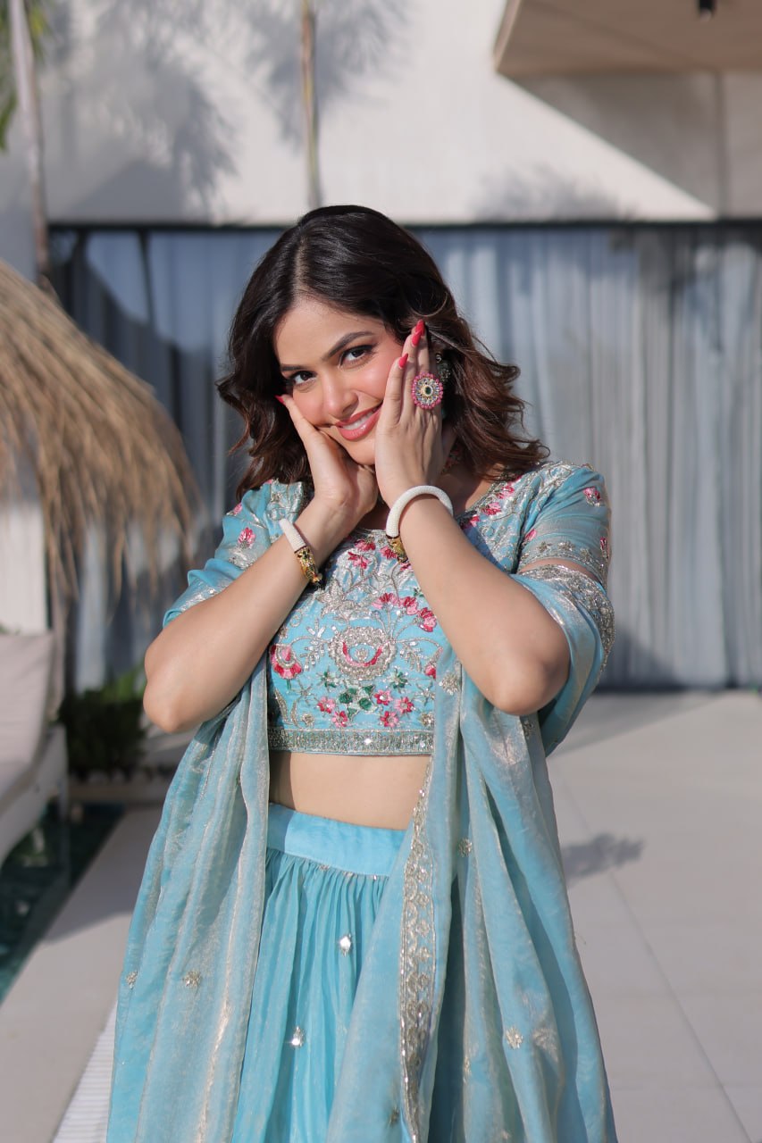 Sky Pure Fendi Silk with Multi Thread Embroidery Work Lehenga Choli