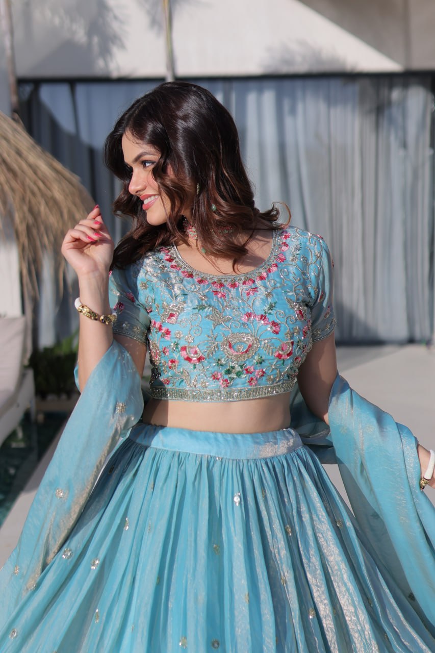 Sky Pure Fendi Silk with Multi Thread Embroidery Work Lehenga Choli