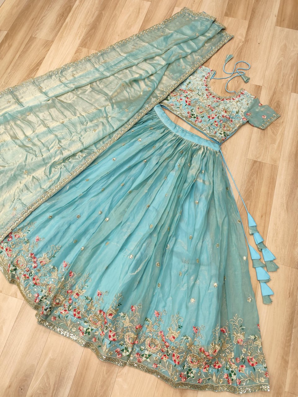 Sky Pure Fendi Silk with Multi Thread Embroidery Work Lehenga Choli