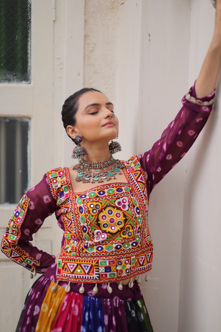 Multicolour Pure Georgette Embroidery Work Navratri Lehenga Choli