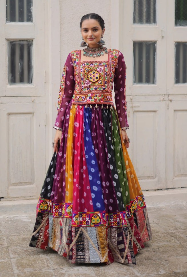 Multicolour Pure Georgette Embroidery Work Navratri Lehenga Choli
