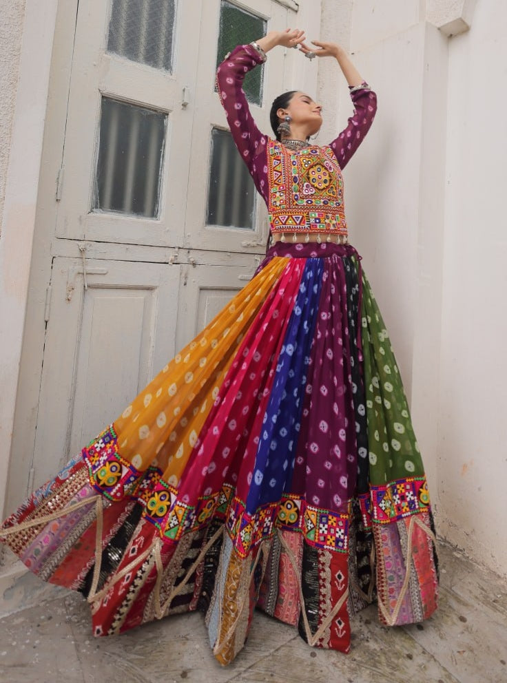 Multicolour Pure Georgette Embroidery Work Navratri Lehenga Choli