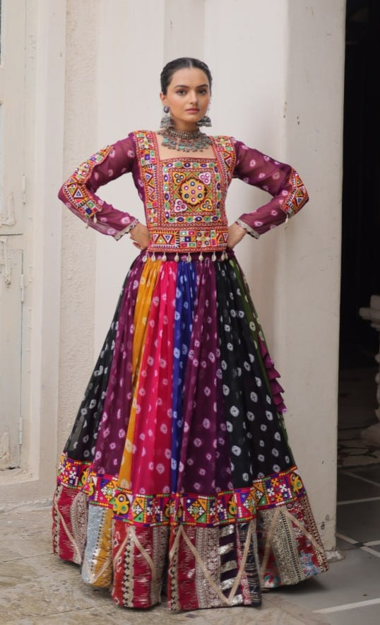 Multicolour Pure Georgette Embroidery Work Navratri Lehenga Choli