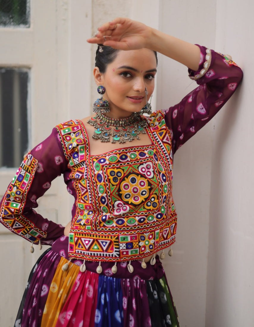 Multicolour Pure Georgette Embroidery Work Navratri Lehenga Choli