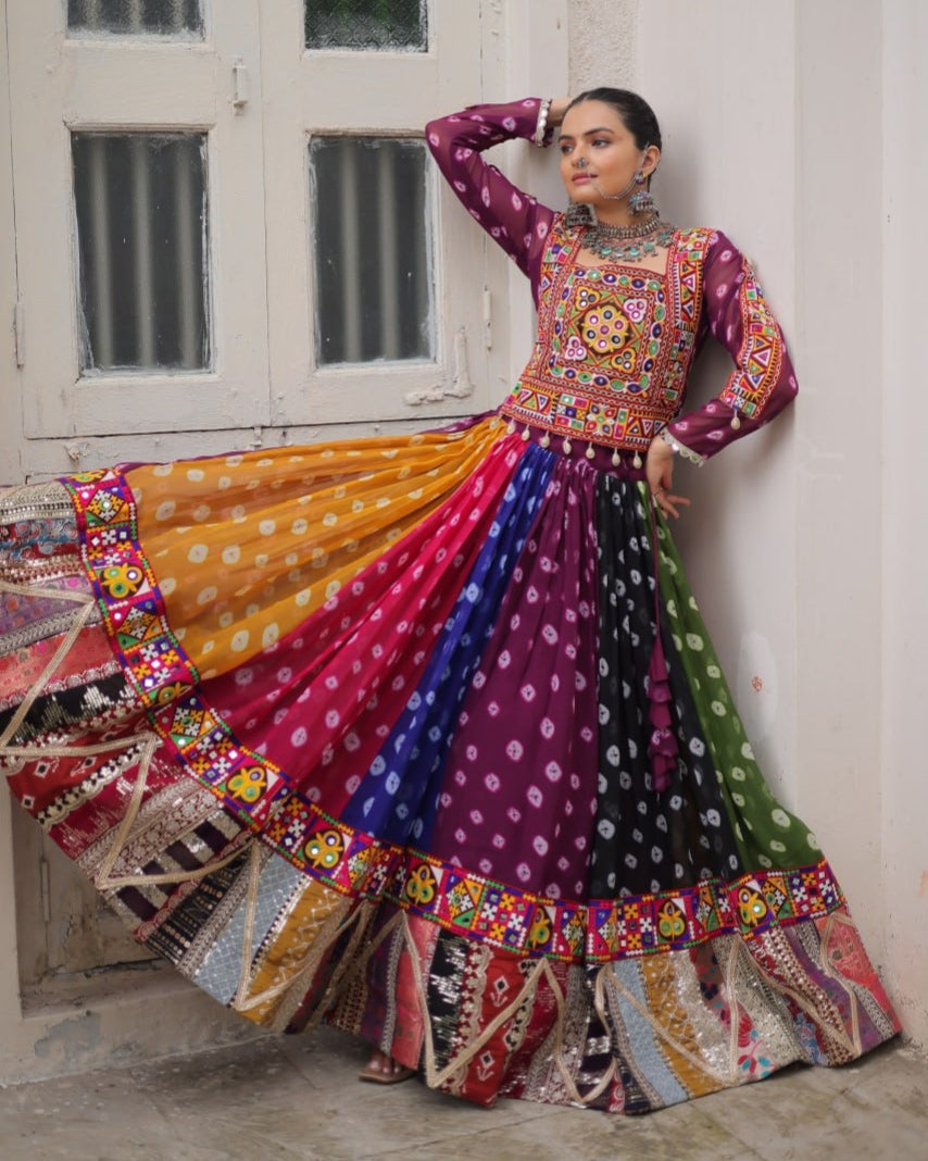 Multicolour Pure Georgette Embroidery Work Navratri Lehenga Choli