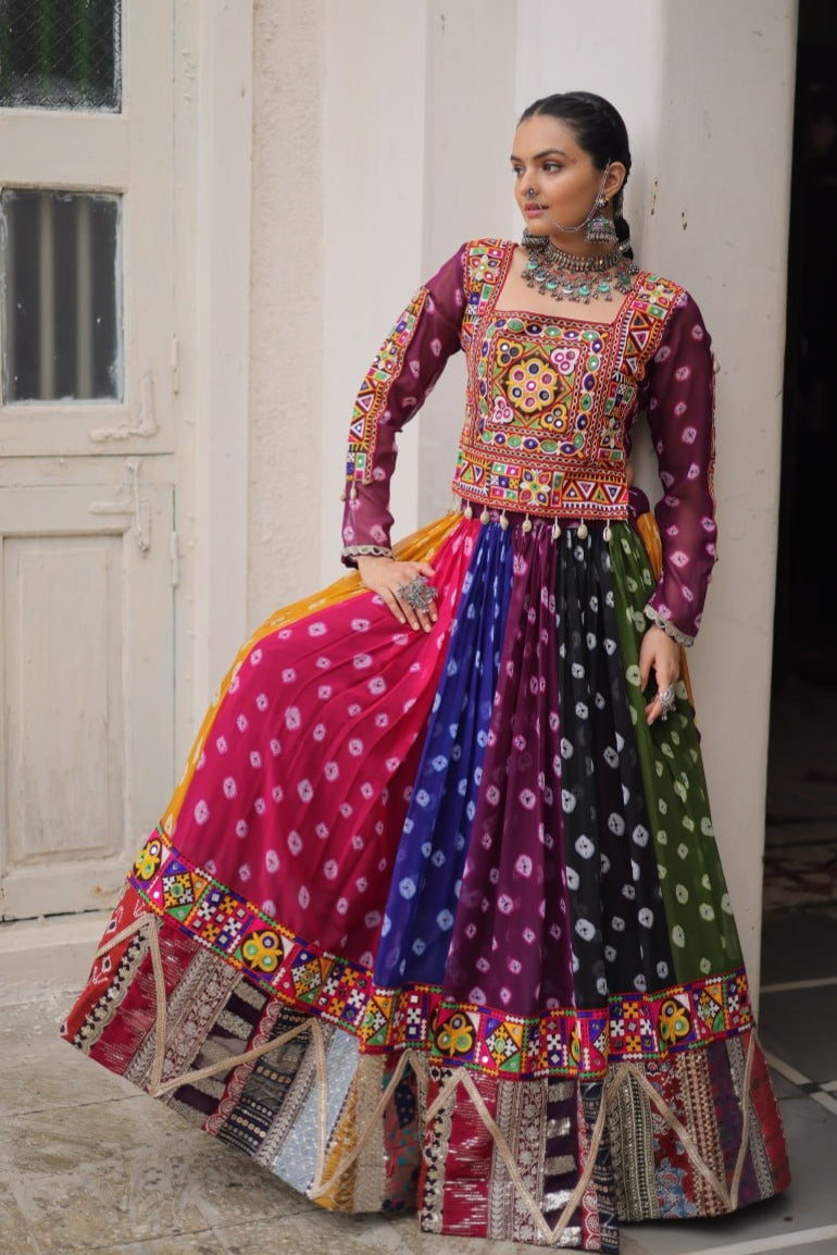 Multicolour Pure Georgette Embroidery Work Navratri Lehenga Choli