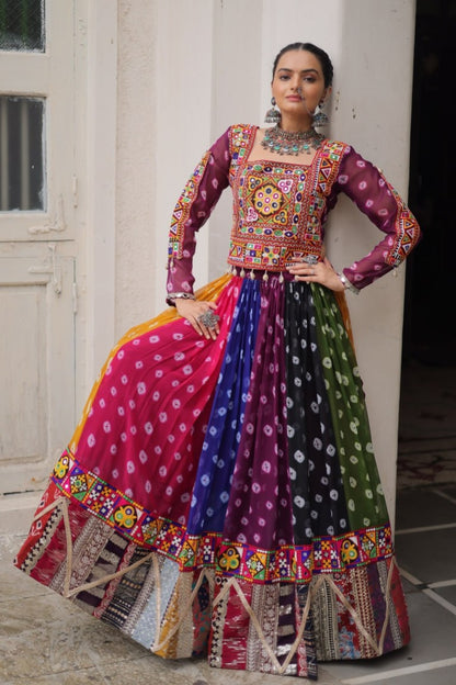 Multicolour Pure Georgette Embroidery Work Navratri Lehenga Choli