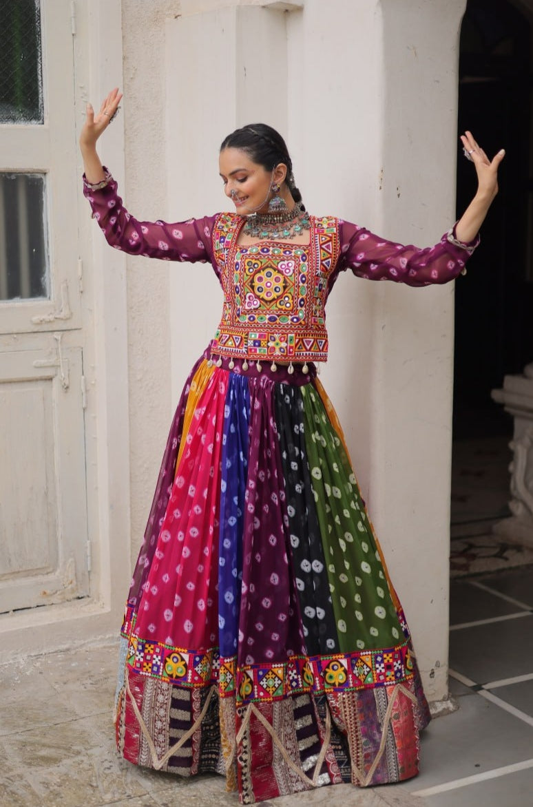 Multicolour Pure Georgette Embroidery Work Navratri Lehenga Choli