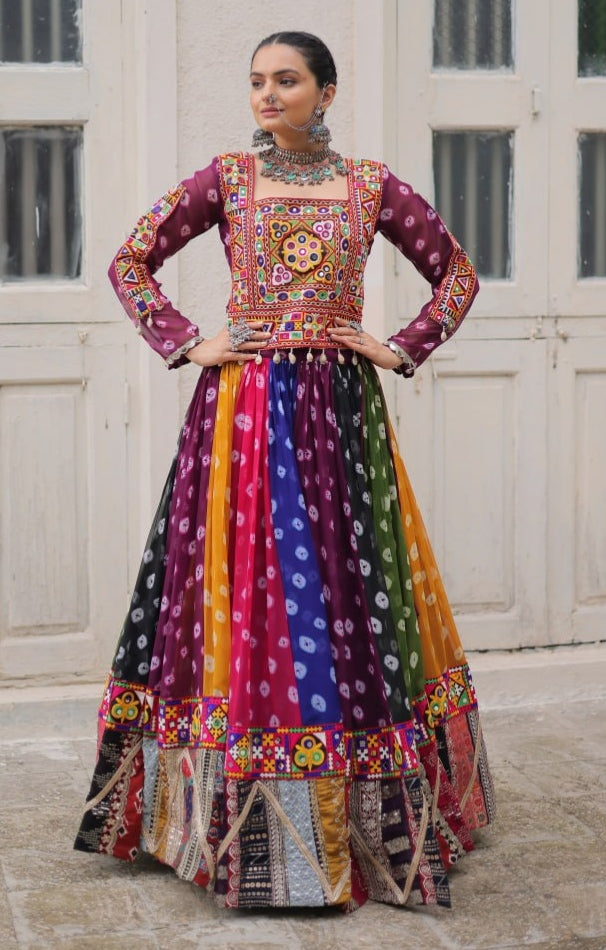 Multicolour Pure Georgette Embroidery Work Navratri Lehenga Choli