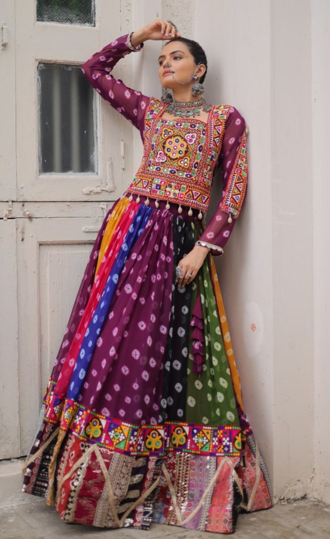 Multicolour Pure Georgette Embroidery Work Navratri Lehenga Choli