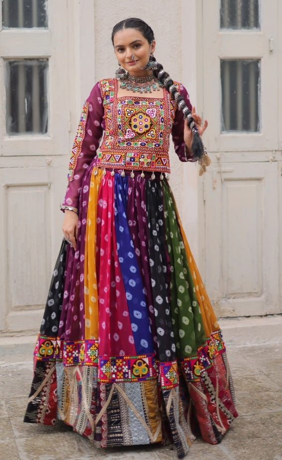 Multicolour Pure Georgette Embroidery Work Navratri Lehenga Choli