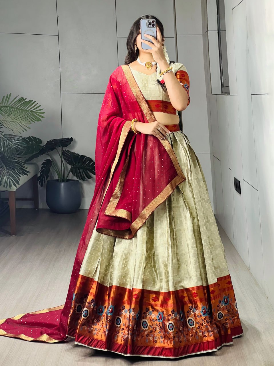 Cream Pure Silk Zari Weaving With Kalamkari Weaving Lehenga Choli