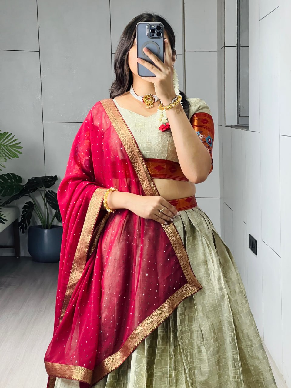 Cream Pure Silk Zari Weaving With Kalamkari Weaving Lehenga Choli