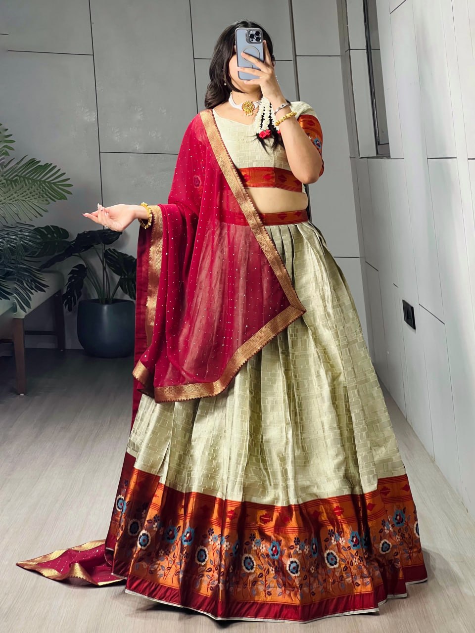 Cream Pure Silk Zari Weaving With Kalamkari Weaving Lehenga Choli