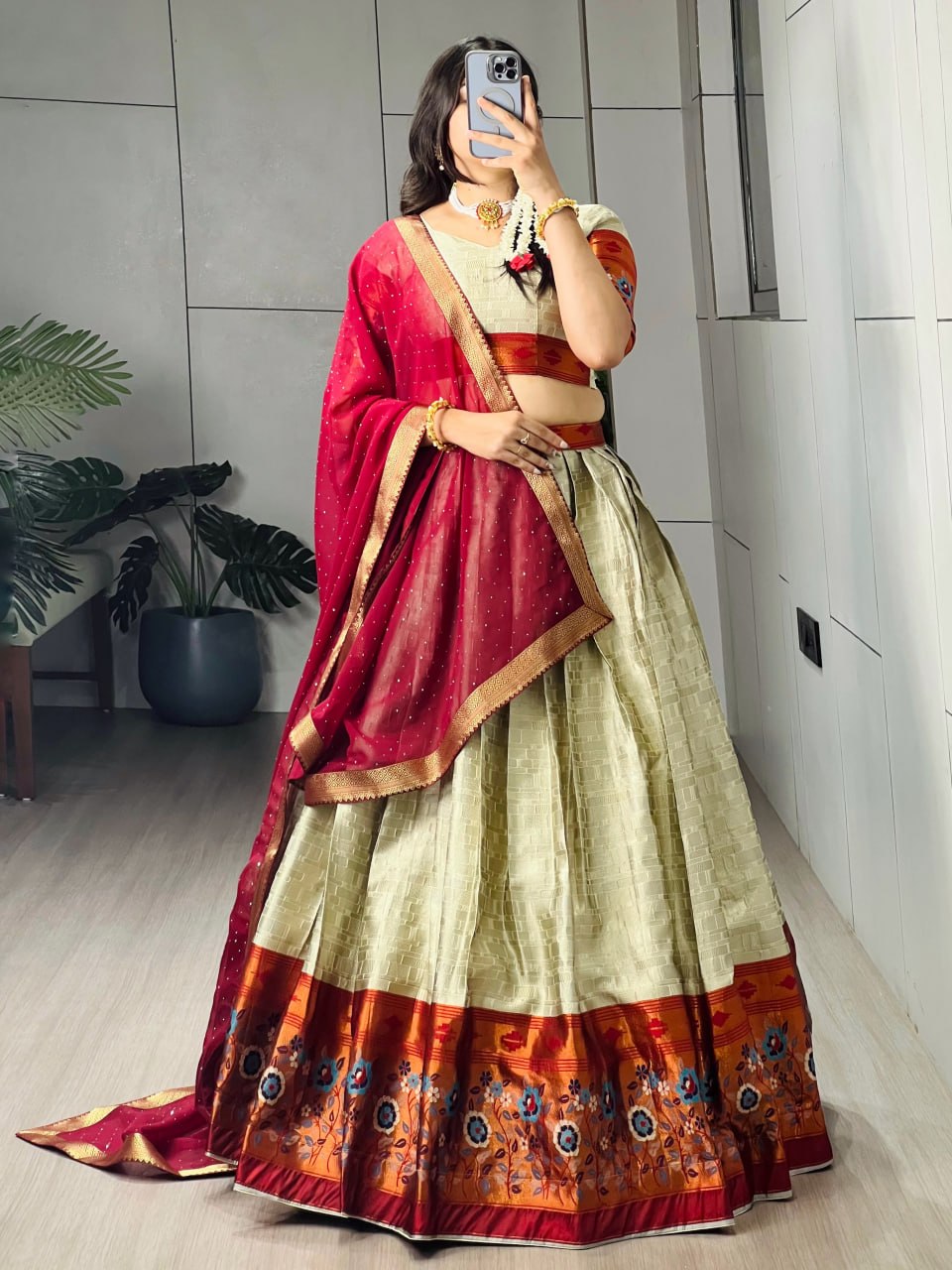Cream Pure Silk Zari Weaving With Kalamkari Weaving Lehenga Choli
