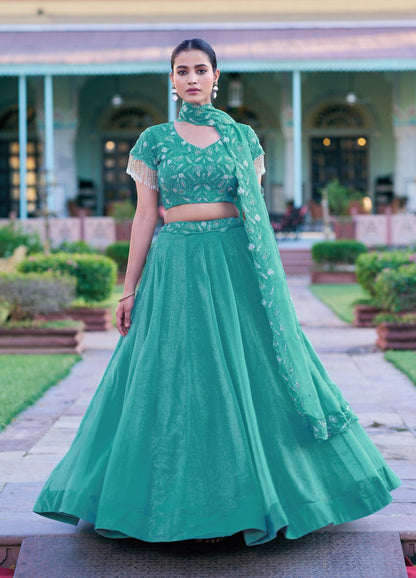 Sky Pure Gold Coin Beads &amp; Thread Embroidery Work Lehenga Choli