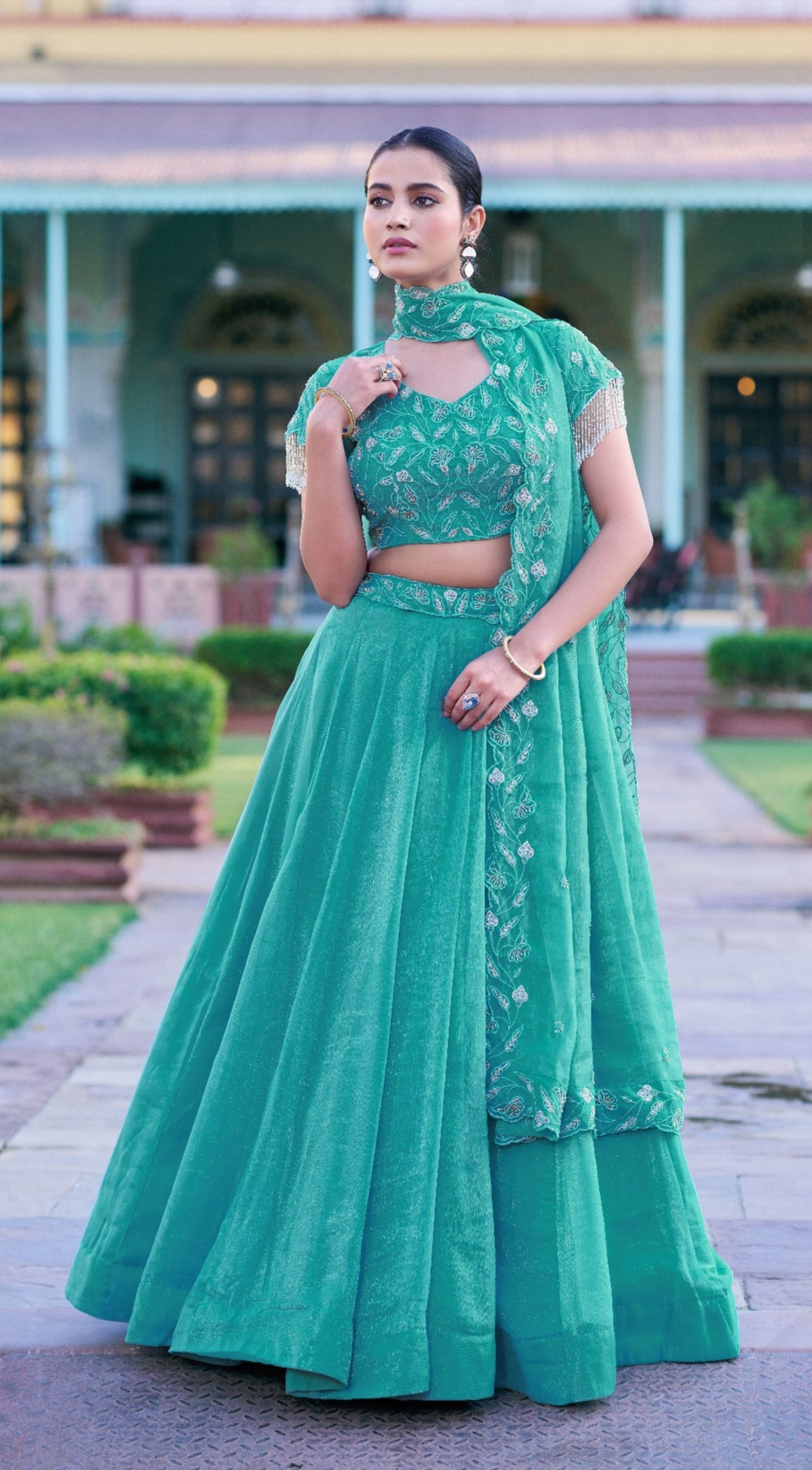 Sky Pure Gold Coin Beads &amp; Thread Embroidery Work Lehenga Choli