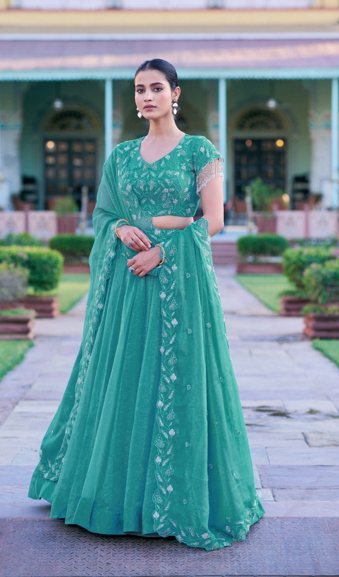 Sky Pure Gold Coin Beads &amp; Thread Embroidery Work Lehenga Choli