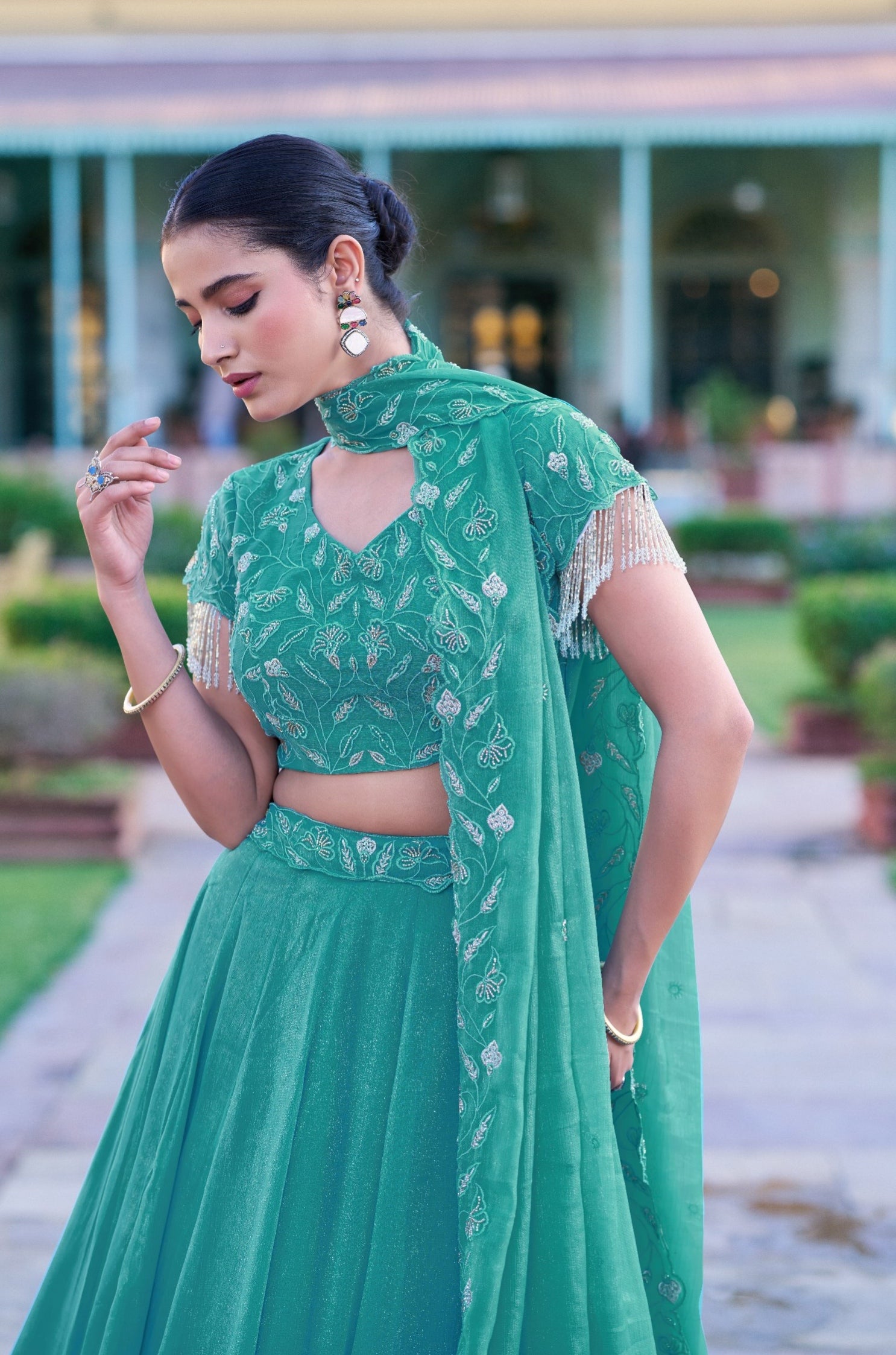 Sky Pure Gold Coin Beads &amp; Thread Embroidery Work Lehenga Choli