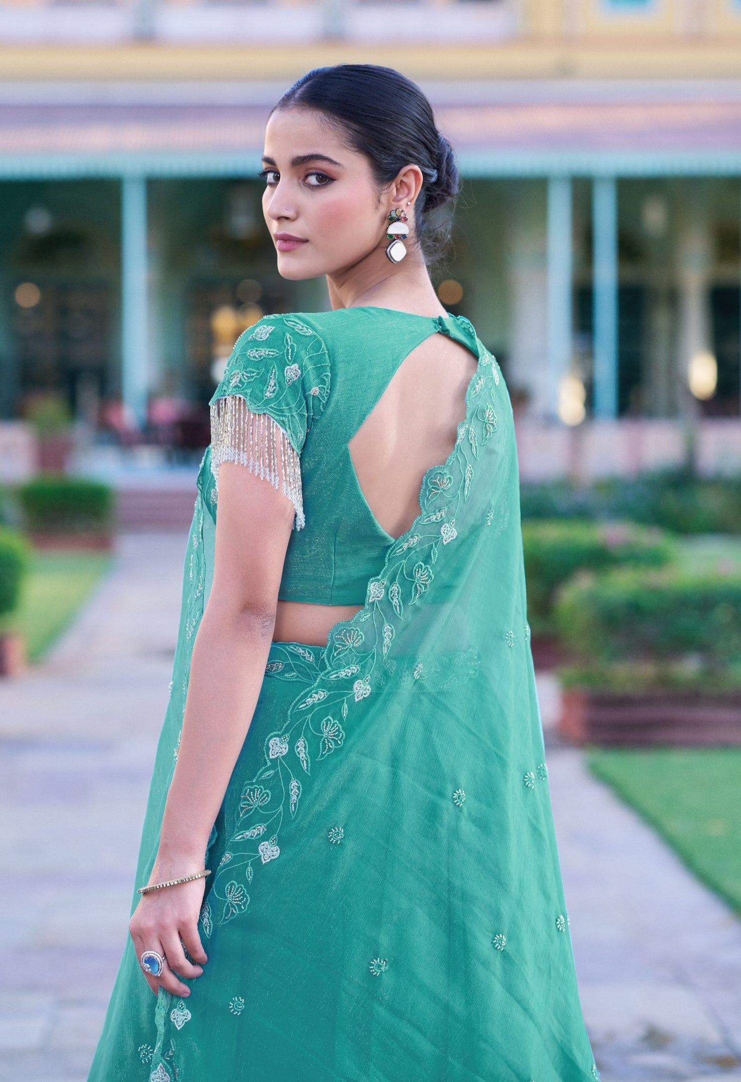 Sky Pure Gold Coin Beads &amp; Thread Embroidery Work Lehenga Choli