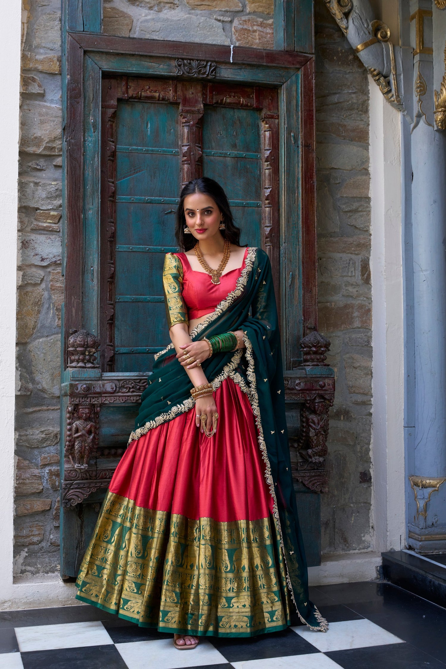 Red Pure Narayan Pattu with Zari Weaving &amp; Embroidery Paithani Lehenga Choli