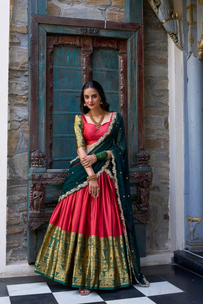 Red Pure Narayan Pattu with Zari Weaving &amp; Embroidery Paithani Lehenga Choli