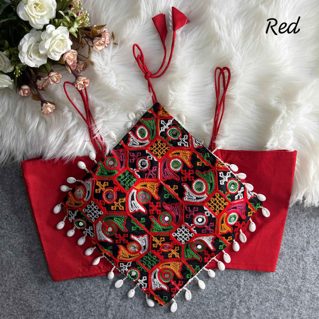 Red Pure Cotton Heavy Thread + Kaudi &amp; Hand Mirror Work Navratri Blouse