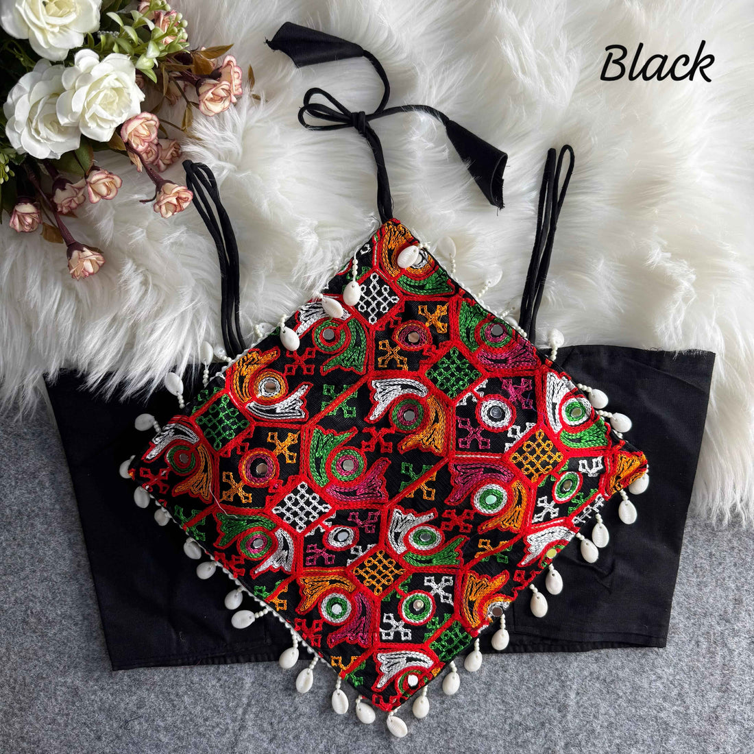 Black Pure Cotton Heavy Thread + Kaudi &amp; Hand Mirror Work Navratri Blouse