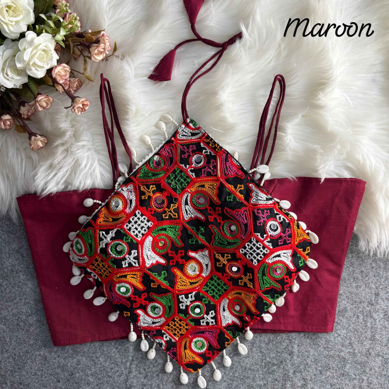 Maroon Pure Cotton Heavy Thread + Kaudi &amp; Hand Mirror Work Navratri Blouse