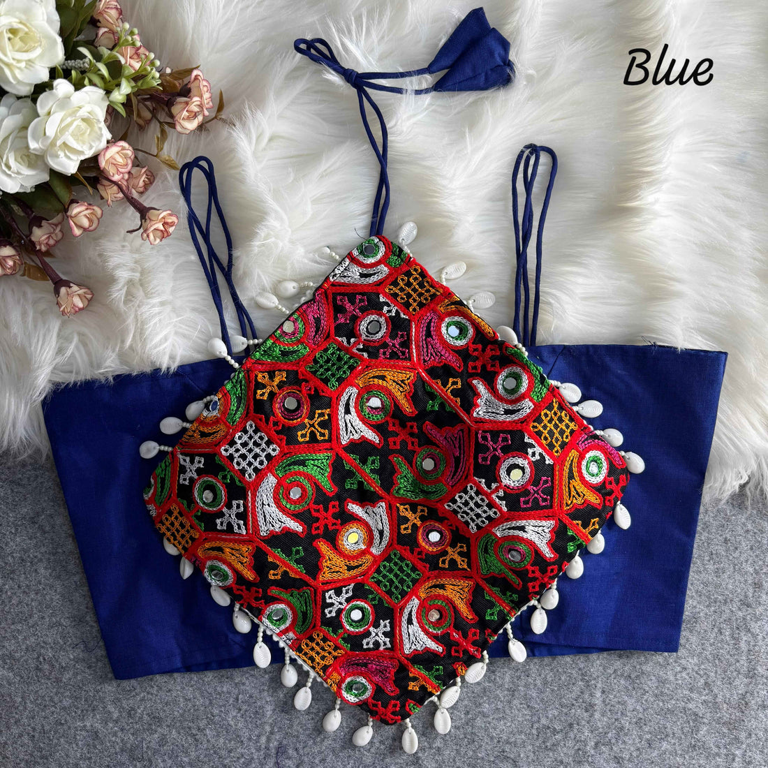 Blue Pure Cotton Heavy Thread + Kaudi &amp; Hand Mirror Work Navratri Blouse